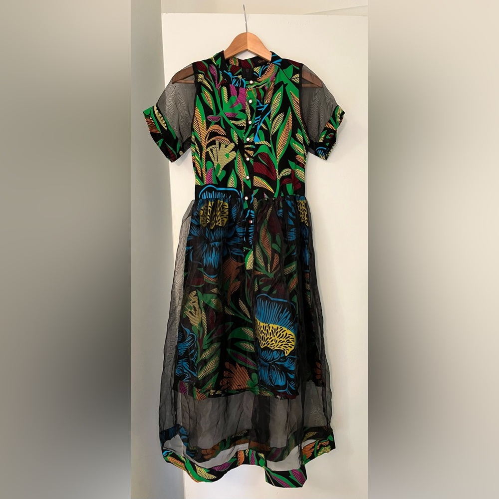 Goshen gorgeous multicolour maxi dress with black mesh sleeves and overskirt